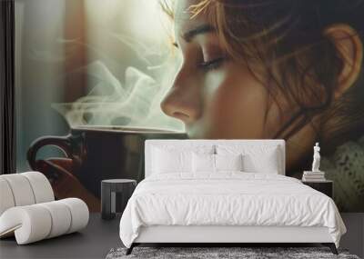 Close up, woman inhaling the aroma of hot black coffee in the morning  Wall mural