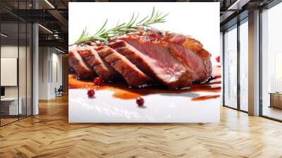 Close up of roasted duck breast fillet white background, Roast pork with herbs and vegetables Wall mural