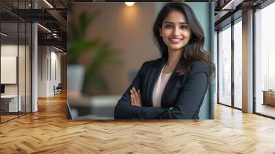 Confident young Indian businesswoman entrepreneur in a modern office setting, dressed in professional attire, standing by a desk with a laptop, smiling and looking directly at the camera Wall mural