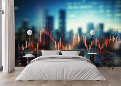 Creative growing forex chart on blue bokeh grid background. Trade, money,  Wall mural