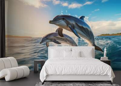 Dolphins jumping and spraying water in the Caribbean Sea, natural  Wall mural