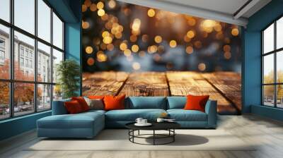 empty rustic wooden table bathed in soft, warm light, with a blurred background of bokeh lights. Wall mural