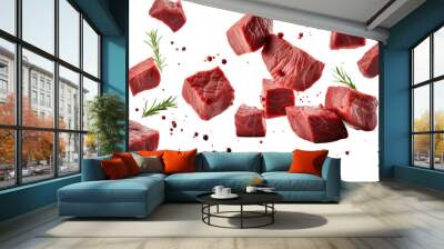 Falling diced beef meet, cubes of raw beef with rosemary isolated on transparent and white background.PNG image. Wall mural