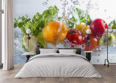 Falling food into water splash Unique visual often used in creative photography and advertising, especially for fresh, juicy fruits or vibrant vegetables. Wall mural