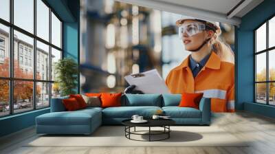 Female engineer with safety goggles and a helmet working  Wall mural