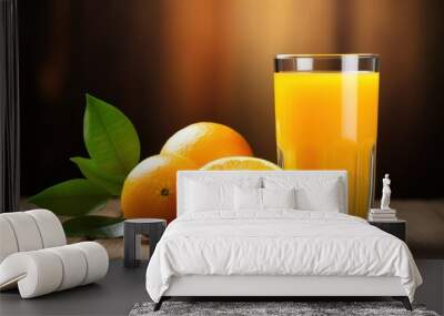 Fresh orange juice in the glass with orange fruit Wall mural