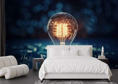 Glowing light bulb with circuit board inside on dark blue  Wall mural