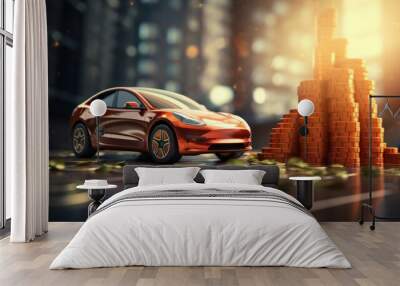 Graphs Increase in electricity prices with background. Electric cars are charging.  Wall mural