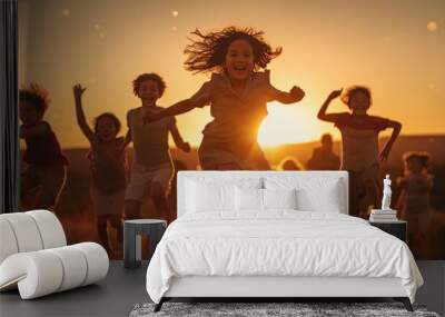 Group of children jumping having fun in nature, happy children during sunset Wall mural