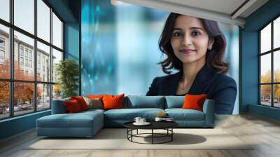 Indian businesswoman in blockchain technology, showing a leader working with blockchain applications, s Wall mural