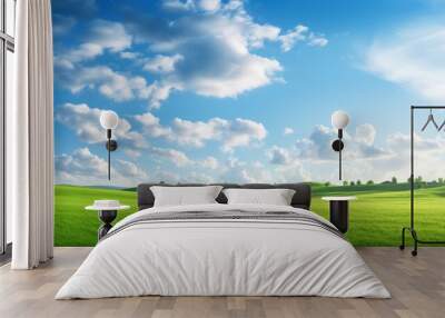 Landscape of green fields and bright sky. Wall mural