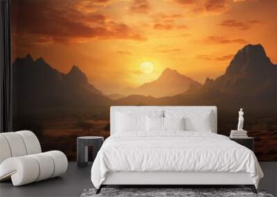 Landscape with sunset concept,African landscape with mountains silhouettes and sunset Wall mural