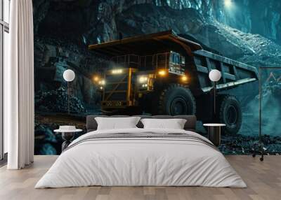 Large quarry dump truck in coal mine at night.  Wall mural