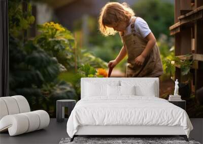 little girl daughter working in the vegetable garden ,little child and nature Wall mural