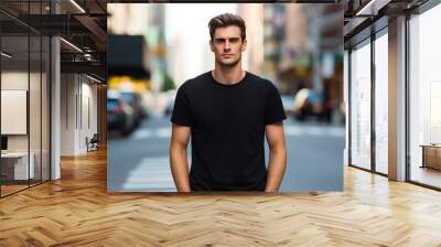 Male model in a classic black cotton T-shirt on a city street  Wall mural