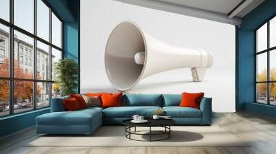 Megaphone lying on a clean white background with subtle shadows, front view of the megaphone with a focus on its large flared opening, minimalistic design, perfect for advertisements or announcements Wall mural