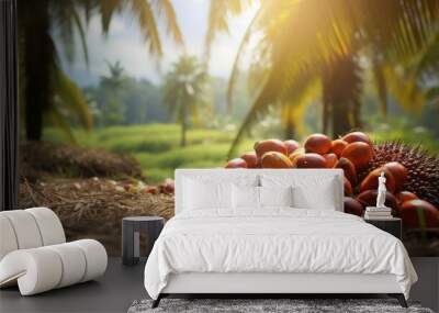 Oil Palm fruits with palm plantation background. Wall mural