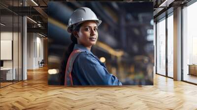 Portrait of an Indian female engineer standing in a factory, a female engineer is working on a construction site background. Wall mural