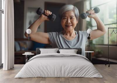 Portrait of Asian senior age woman exercising at home ,Elderly people and health Wall mural