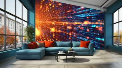 Quantum computing technology background, filled with quantum circuits, entangled particles, and abstract data grids,  Wall mural