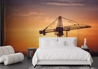 Silhouette of big crane and building construction  Wall mural