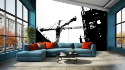 Silhouette of construction crane and building, capturing the juxtaposition of towering cranes and emerging buildings, showcasing the progress of construction. Wall mural