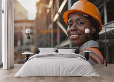 smiling and cheerful young black woman or senior construction  Wall mural