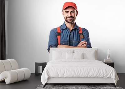 Smiling young mechanic holding a wrench isolated on transparent and white background.PNG image. Wall mural