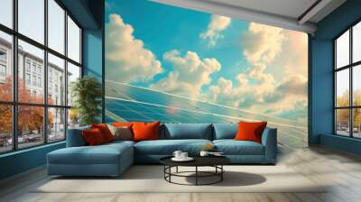 Solar panels against a bright animated cloud sky background.  Wall mural