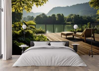 sun-drenched wooden deck overlooking a tranquil lake,  Wall mural