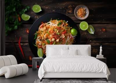 Top view of Pad Thai on a black wooden table, Thai food, national food Wall mural