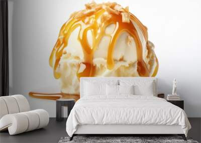 vanilla ice cream ball with caramel syrup on white background, Wall mural