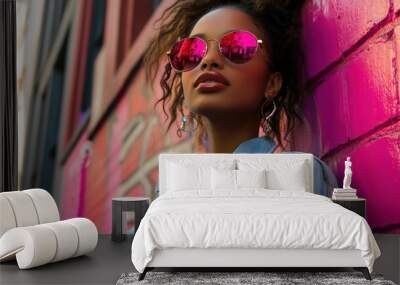 Young woman in casual attire and vibrant urban setting - A blend of relaxed fashion and energetic cityscapes, ideal for street style or fashion-forward photography. Wall mural