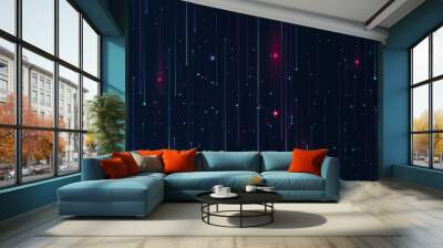 A digitally crafted background of dark vertical lines with sparkling and glowing pink and blue elements Wall mural