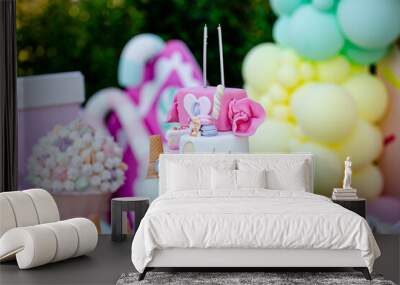 birthday party organization concept and cakes Wall mural