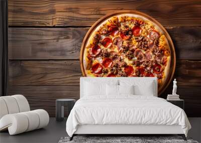 Meat lover pizza top view topped on the cozy wood table.	
 Wall mural