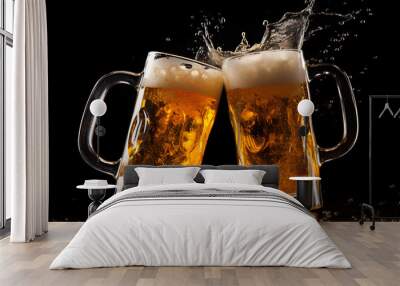 Two glasses of beer in cheers gesture, splashing out. Isolated on black background. Wall mural