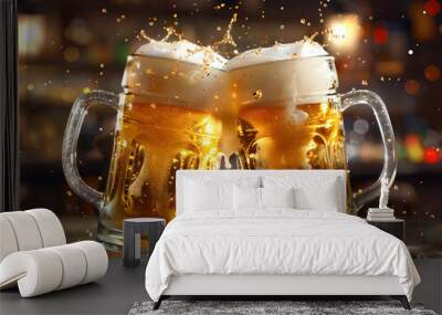 Two mugs of beer in cheers gesture, splashing out. Dark cozy pub background. Wall mural