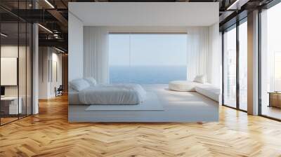 A bedroom with a large window overlooking the ocean Wall mural