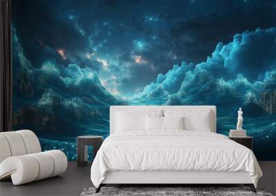 A blue sky with stars and clouds Wall mural