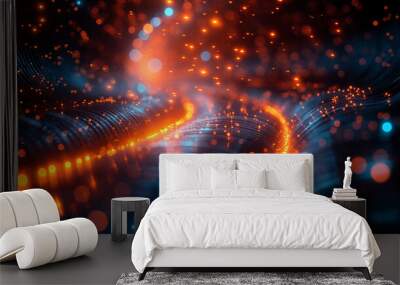 A blurry image of a colorful, glowing line with orange and blue lights Wall mural