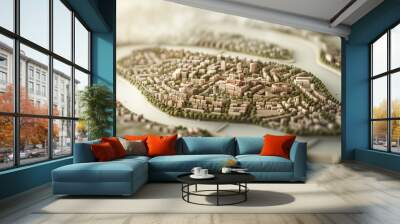 A city model is shown with a river running through it Wall mural