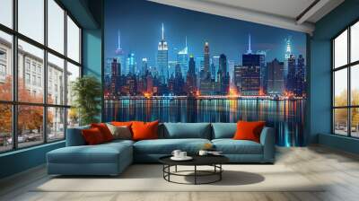 A city skyline is reflected in the water Wall mural