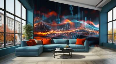 A colorful, abstract image of a wave with orange and blue lines Wall mural