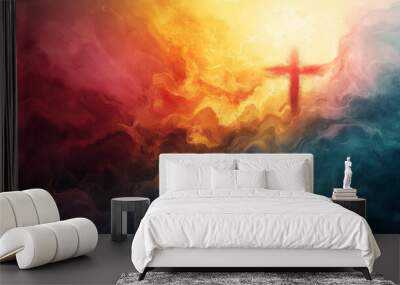 A colorful painting of a cross in the sky with a red and blue background Wall mural