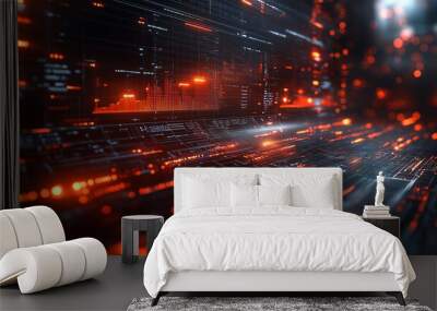 A computer generated image of a cityscape with bright orange lights Wall mural