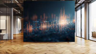 A computer generated image of a cityscape with orange and blue lines Wall mural