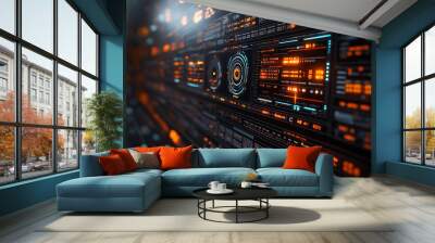 A computer monitor with a lot of orange and blue lights Wall mural