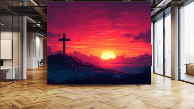 A cross is on a hillside in front of a sunset Wall mural