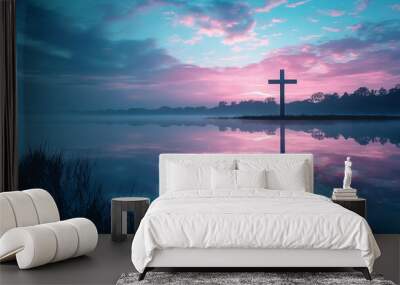 A cross is reflected in the water, with the sky in the background Wall mural